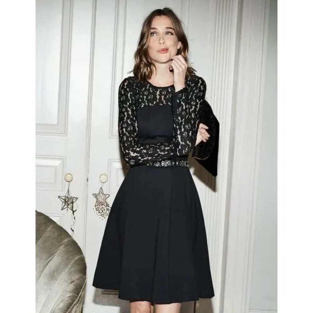 Boden Selena Black Lace Yoke Fit Flare Dress Long Sleeve Pleated Skirt Us 6